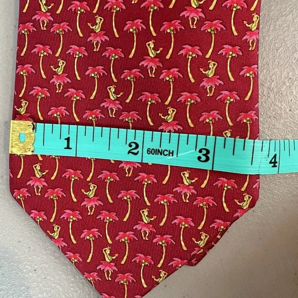 Salvatore Ferragamo Hula Girl Palm Tree‎ Silk Necktie Tiki Tie Pink Red